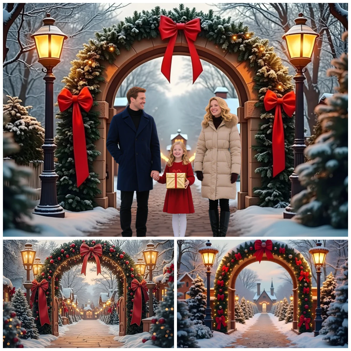 

Winter Christmas Archway Backdrop Snowy Street Lamp Red Bow Festive Kids Family Decor Photography Backgrounds Photostudio Props