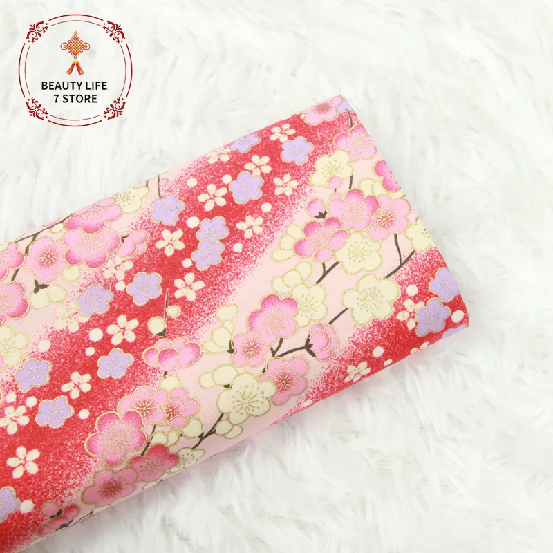 100% Cotton Printed Plum Blossom Fabric Red Pink Gradient Color Bronzed Cloth For Sewing Purses Kimono Handmade DIY 145*50cm