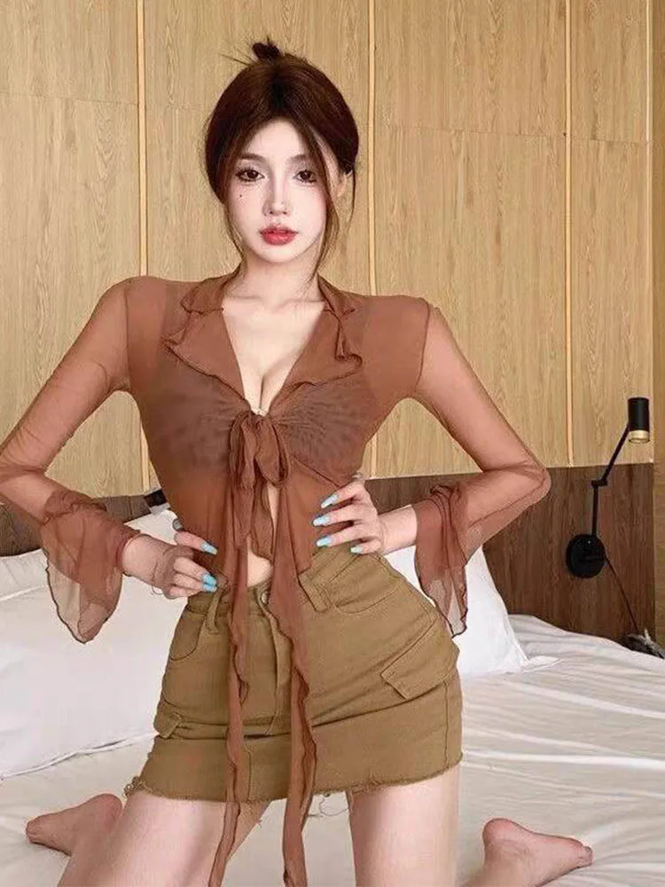 الصيف شبكة طويلة الأكمام تي شيرت للنساء مثير فتاة حار نقية الرغبة حزام القرن كم مايكرو شفافة البنطال القصير