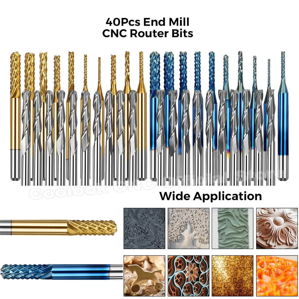 

Milling Cutter 40pcs 3.175mm Shank Ball Nose End Mill 2 Flute Flat CNC Router Bits PCB Milling Cutter for CNC Woodworking Tools