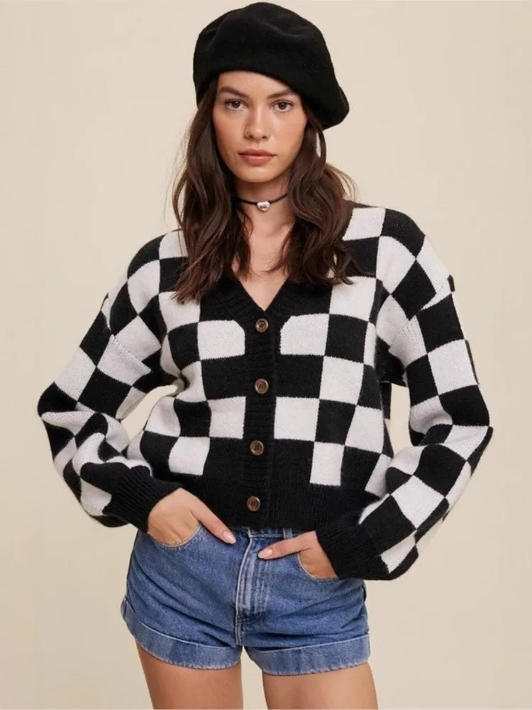 

Sweater Women's Single-breasted V-neck Plaid Commuter Long-sleeved Cardigan Winter Clothes Woman Pulls Femmes Comfortable Trendy