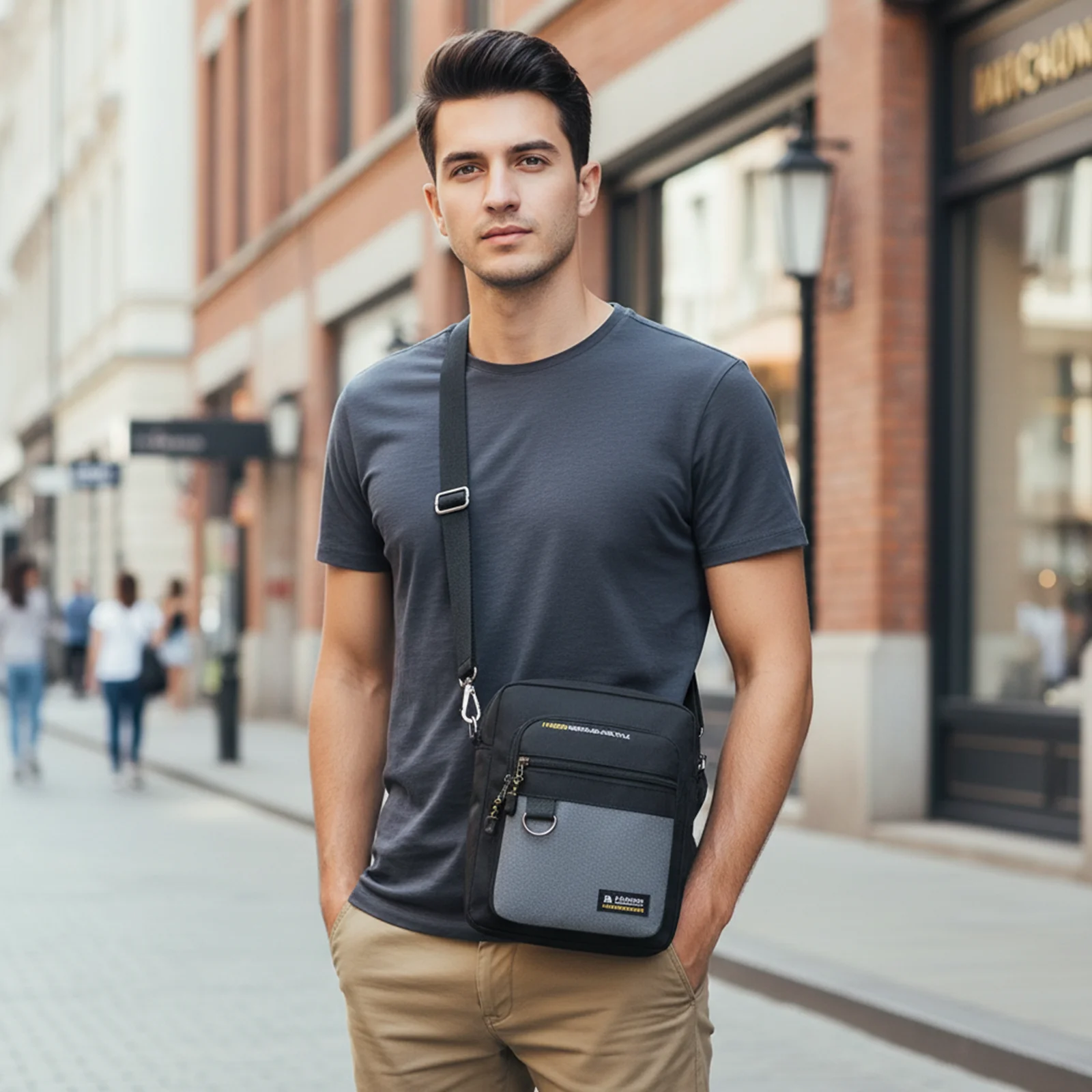 Waterproof Oxford Crossbody Bag Men Shoulder Bag Multi Layer Design Adjustable Strap Commuter Travel Lightweight Durable