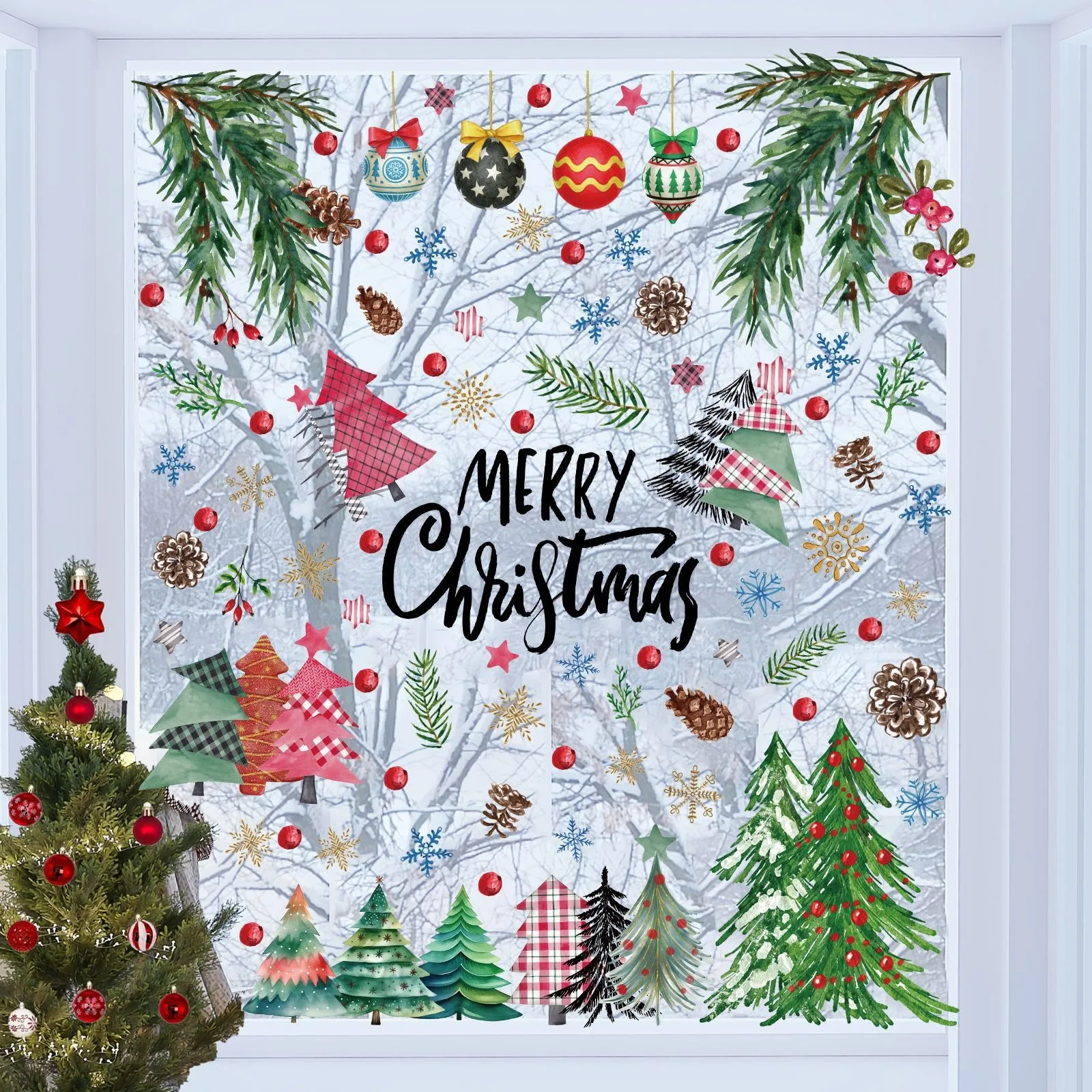 

Christmas Watercolor Xmas Tree Static Window Sticker Noel Tree Glass Stickers Merry Christmas Decor 2025 Happy New Year 2026