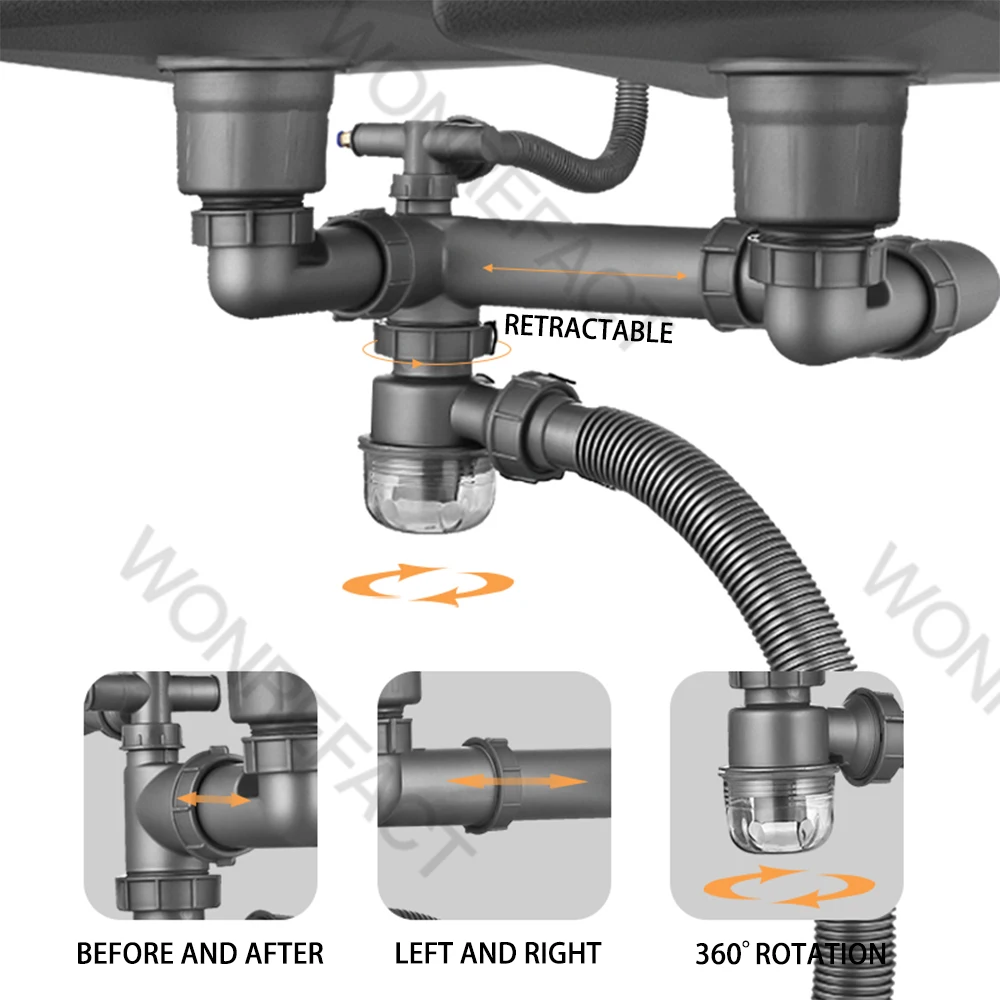 Kitchen Sink Single Double Drainer Hose Drain  Washing Basin Sewer Pipe Fitting Set Pipe Set Single Bowl Double Bowl