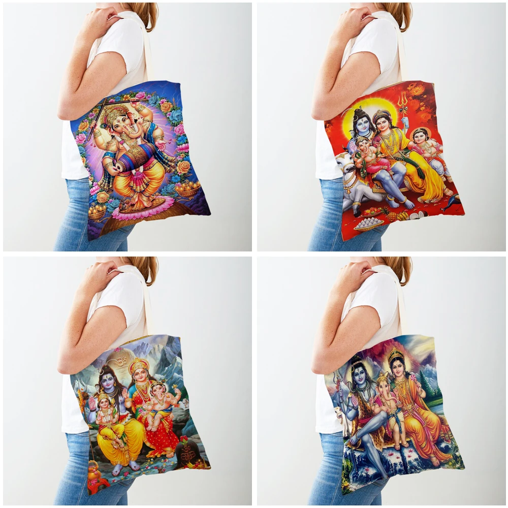 Borse per la spesa da donna casual con cartoni animati della mitologia indiana Entrambi i lati Borsa shopper Shiva Ganesha Borse da viaggio in tela