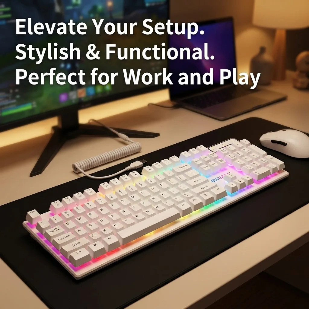 Gaming Keyboard and Mouse Combo, Wired USB Mechanical Feel Rainbow RGB Backlit Keyboard, 26-Key Anti-Ghosting, Ergonomic PC Gaming Peripherals for Desktop, Laptop, Gamers, White