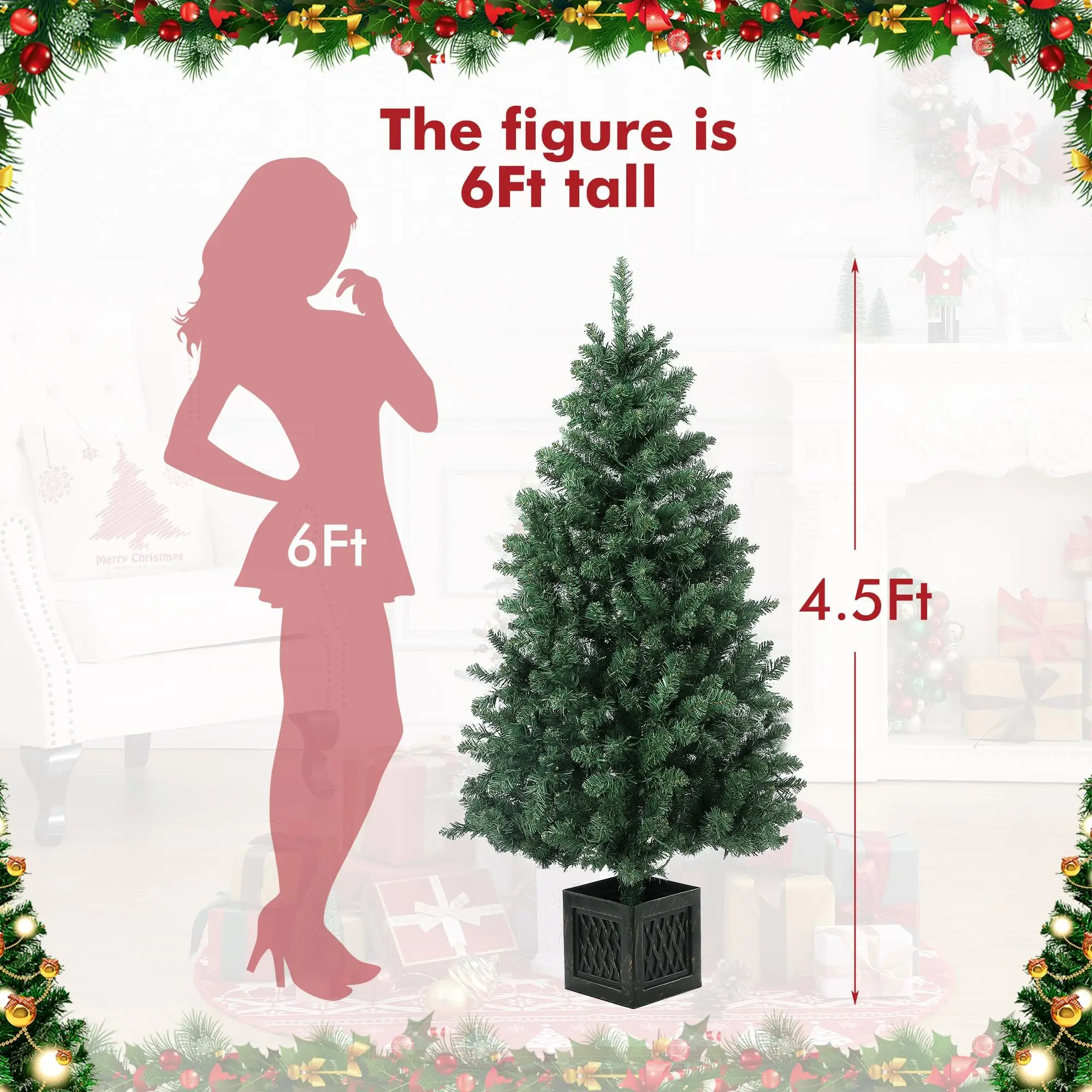 1pc 4.5FT Pre-Lit Artificial Christmas Tree Tabletop with 300 Warm White Lights, Potted Christmas Tree with Berry Clusters