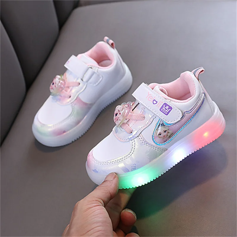 Disney Kids Girls Shoes Children Sneakers Girls LED Light Elsa Frozen Princess Casual Sport Shoes Student Pink Purple Teen Shoes