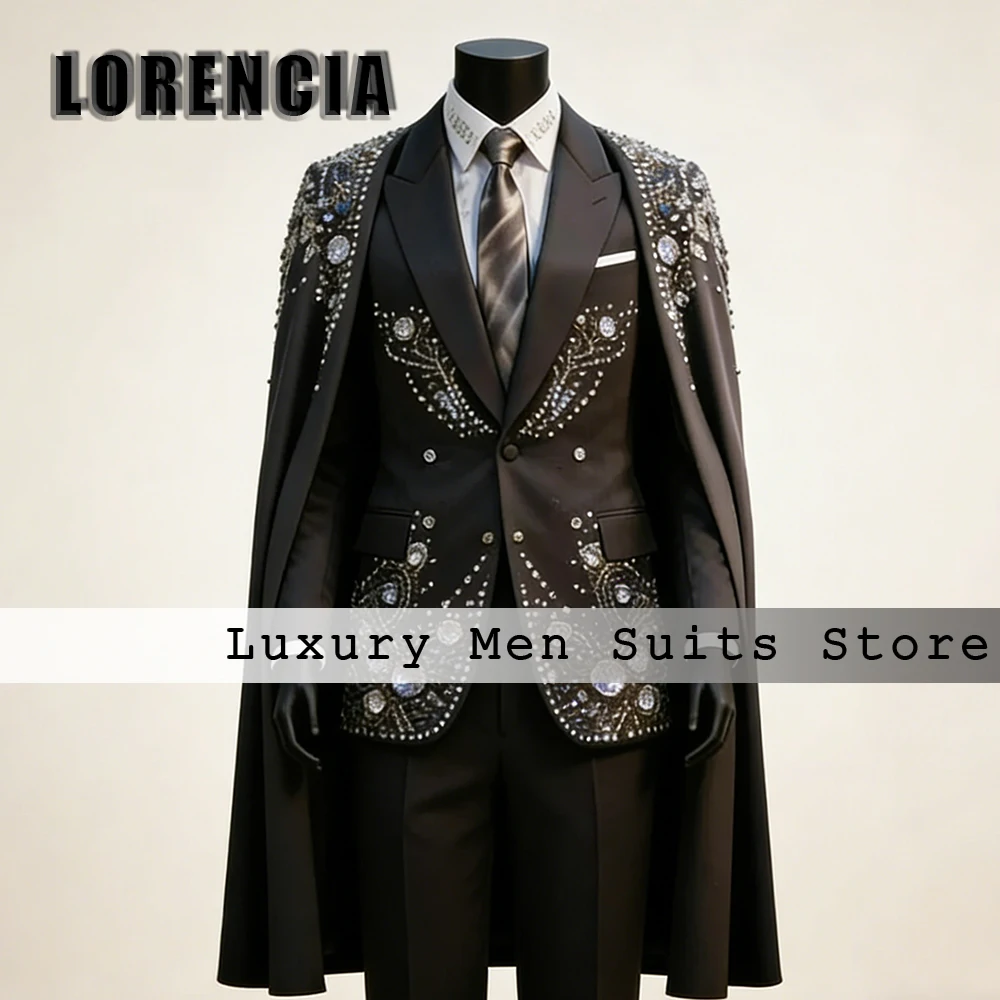 

Sparkling Rhinestone Male Suits with Cloak 2 Pieces Set Wedding Party Tuxedos Groom Wear Customized Blazer disfraz de hombre