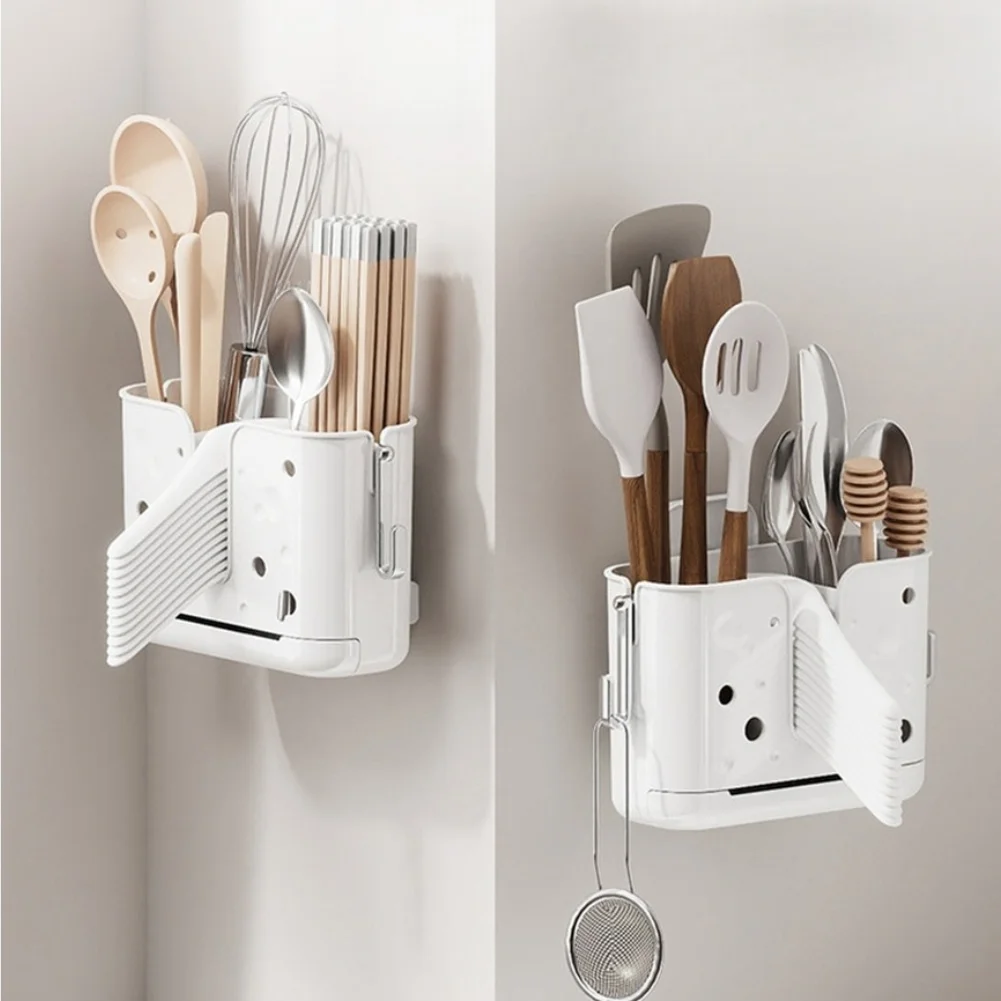 Wall Mount Chopstick Organizer with Drainage Functionality Ventilated Compartments and Side Hooks for Kitchen Accessories