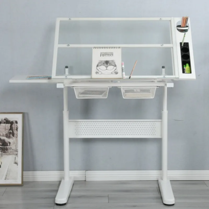 Hand Crank Adjustable Drafting Table Drawing Desk 2 Metal Drawers Extremely Convenient Height Adjustment System Tabletop Tilted