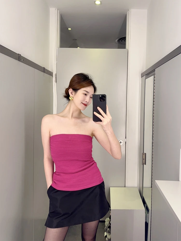 

Spring New High Elastic Slim Fit Pleated Magenta Tube Top Tank Sexy Outerwear Women's Faion CS Sle Wraparound Office Wear