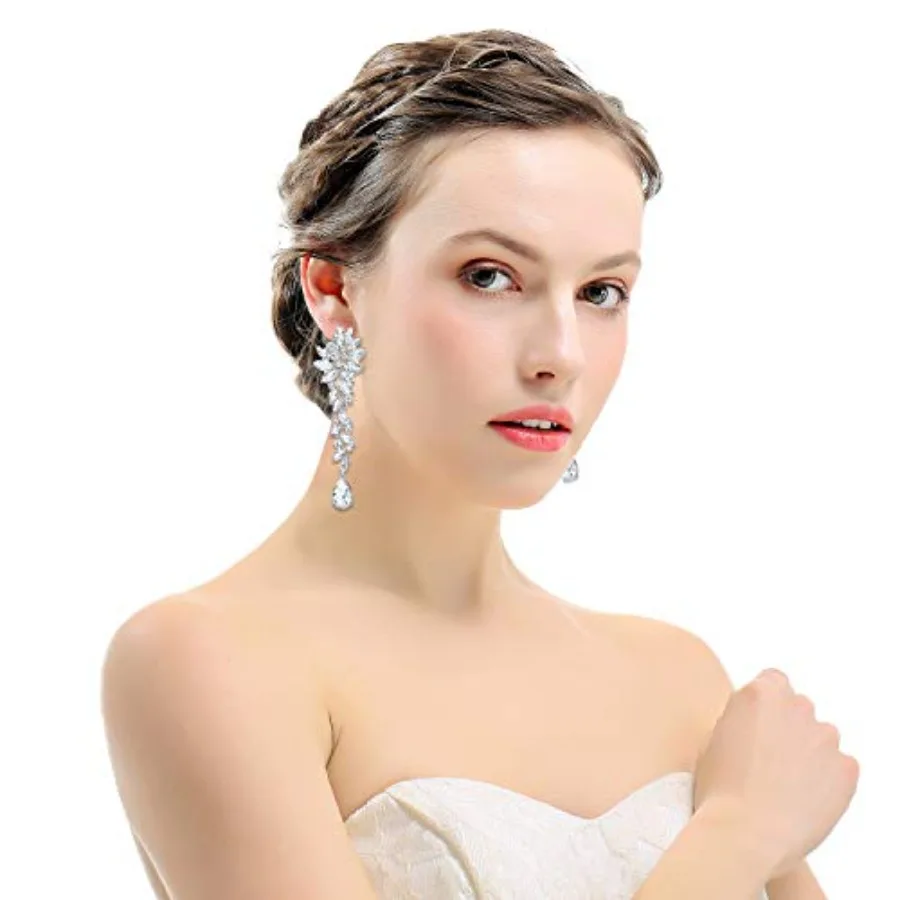 Bridal Wedding Teardrop Marquise Crystal Cluster Chandelier Dangle Earrings for Women Valentine's Day Gift