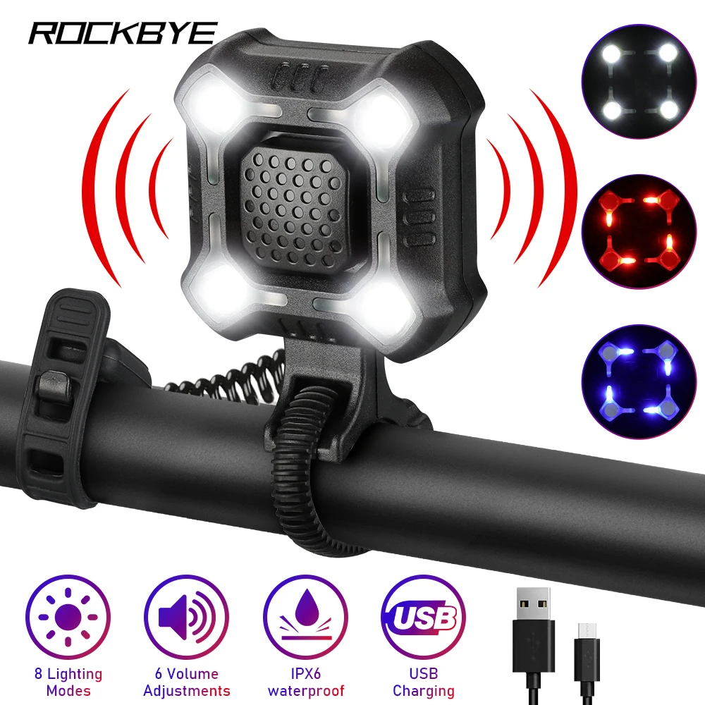 

Rockbye Bike Front Light IPX6 Waterproof USB Rechargeable Bicycle Horn 140dB Loud Alarm Security Bell 8 Mode Cycling Headlight