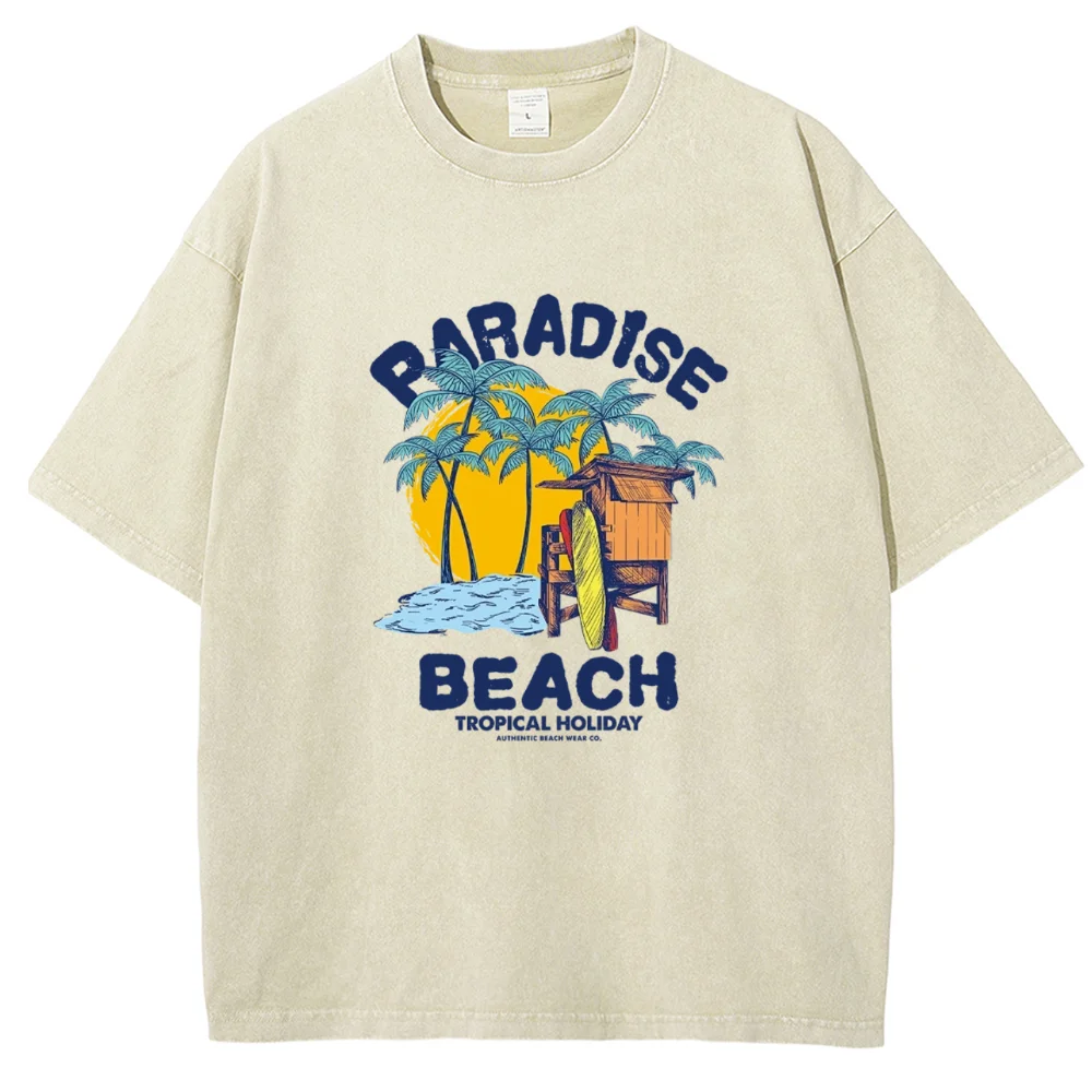 

PARADISE BEACH Printed T-shirt Crew Neck Pullover Top Oversize Street Casual Style To Do Old Couple Short Sleeves 2024 Summer