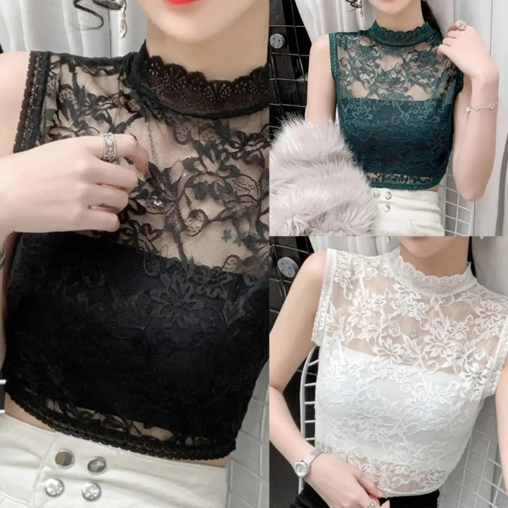 

New Mesh Yarn Hollow Lace Half Blouse Short Fashion Lace Turtleneck Women Underwear Elegant Collar False Collar