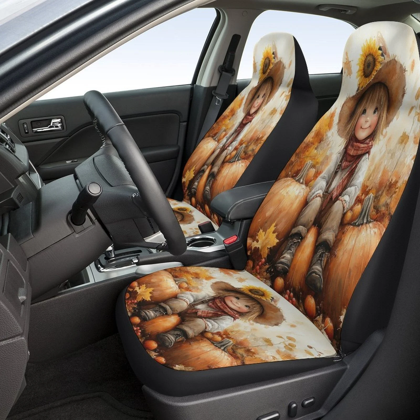 Set Of Car Seat Covers Featuring An Autumn Harvest Design, Suitable For A Variety Of Vehicles. These High-Quality, Comfortable P
