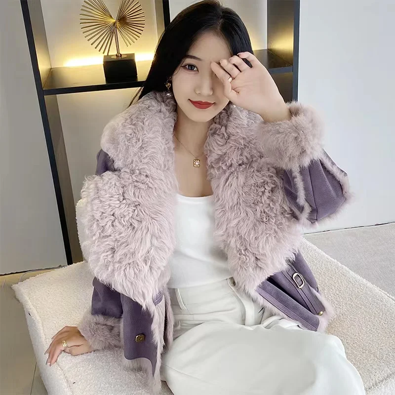 

2024Winter Women Fur Leather Truly Naturally Rabbit Fur Lining Sheepskin Neck Short Coat Hot Selling Lnternet Celebrity Style