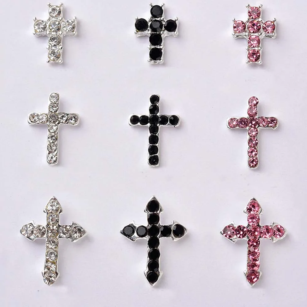 10Pcs Classic Full Glitter Rhinestones Cross Nail Art Charms 3D Punk Silver Diamond Cross Nail Decoration Luxury DIY Nail Parts