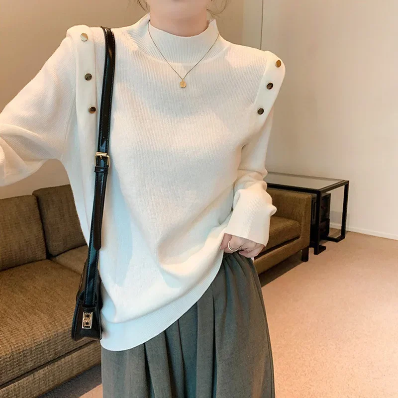 بلوفرات نسائية متماسكة سترات ضيقة غير رسمية بنصف ياقة عالية تقسم سترات سميكة للمكتب للسيدات عادية للخريف والشتاء