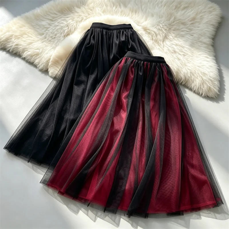 Damen Gothic Mehrschichtiger Tüll-Midirock mit Hoher Taille, A-Linie Mesh-Swingrock, Vintage Schwarz-Roter Tüllrock für Abendpartys – Detail 6