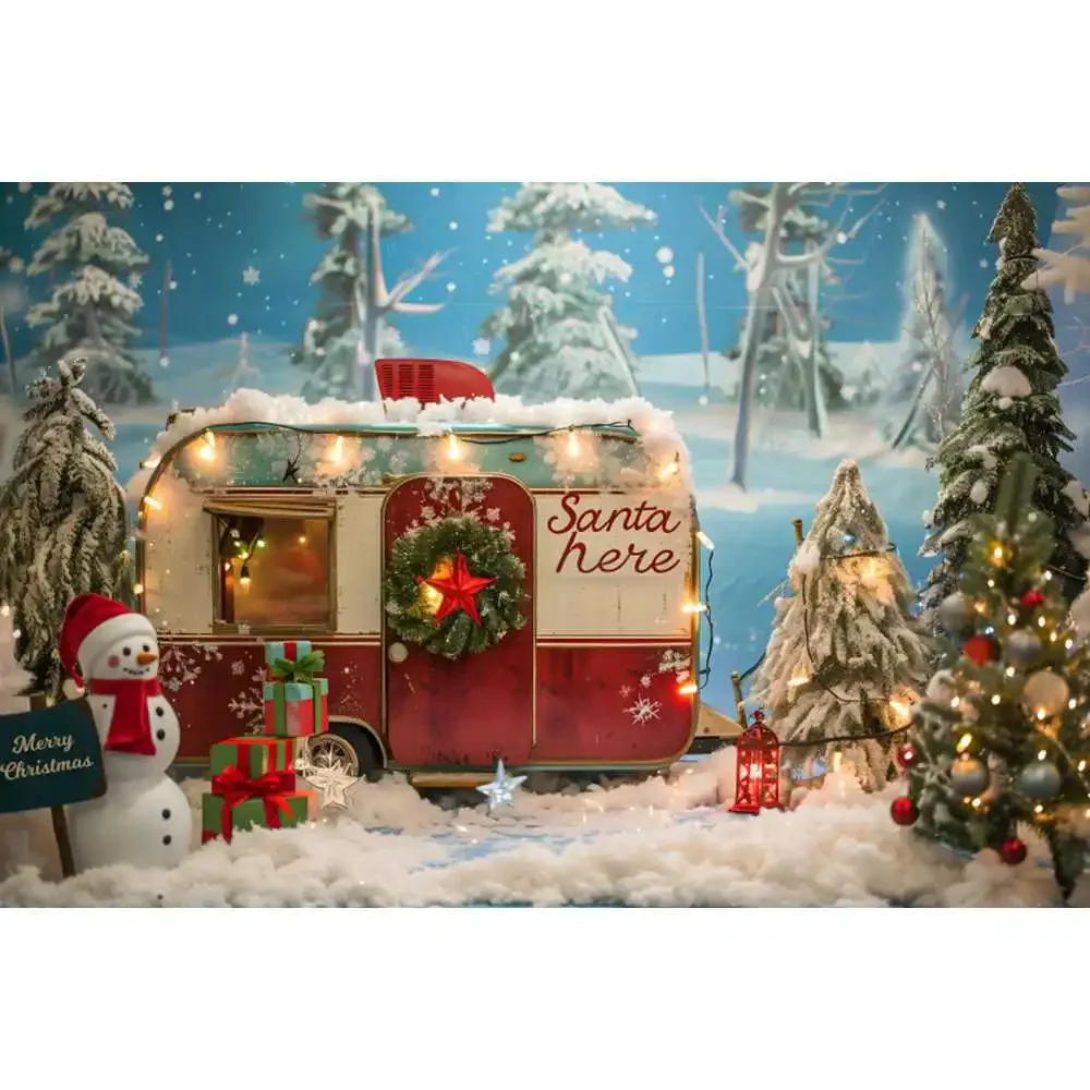 Santa Claus Retro Truck Christmas Photography Background Xmas Tree Forest Snow Backdrop Candy Cane Gift Decor Family Party Photo