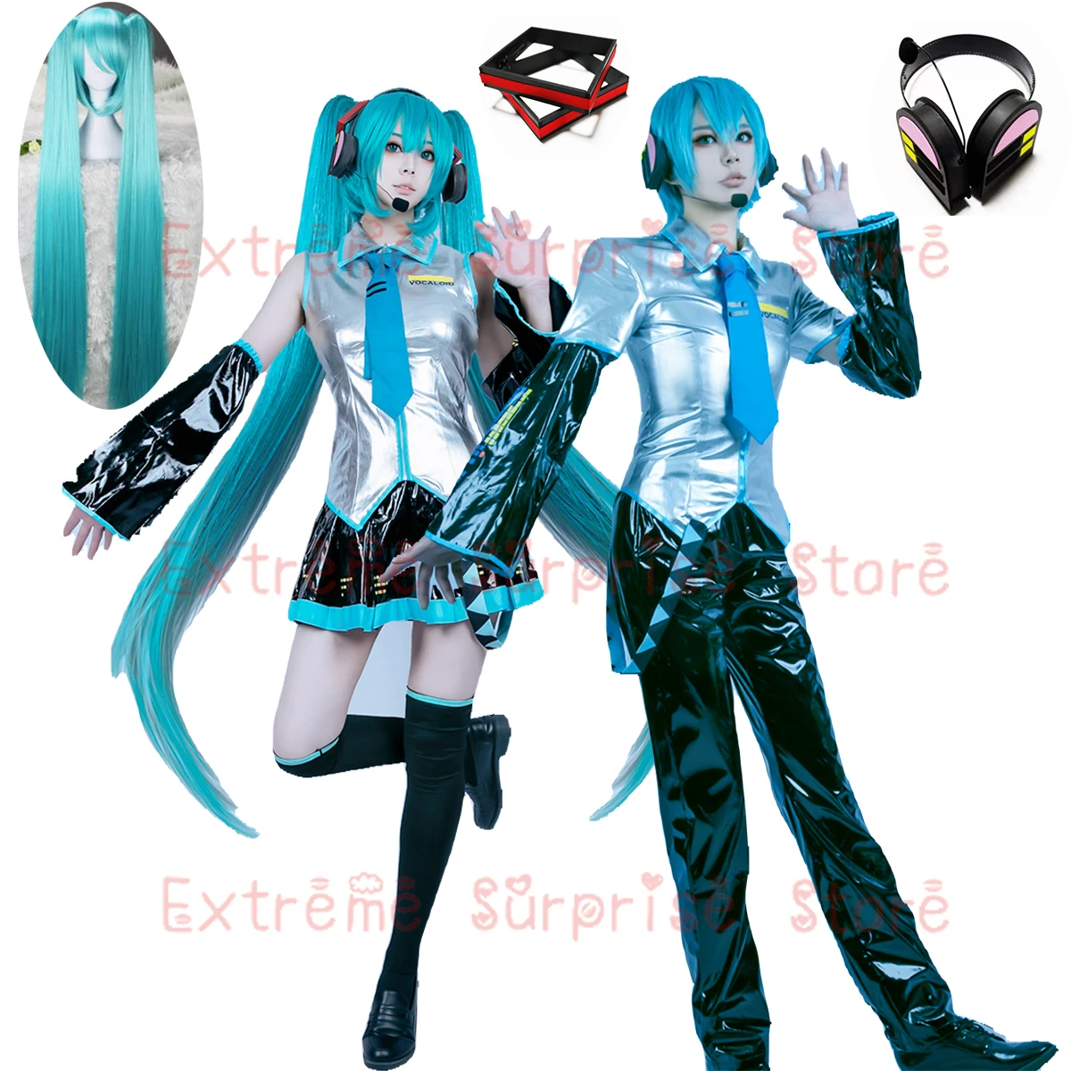 New XS-3XL Full Set  Miku Cosplay Costume Wig Shoes Headwear Props Miku Cosplay Accessories Halloween Party Outfit For Men Women