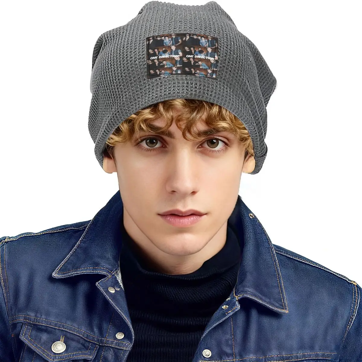 One Direction Waffle Knit Fleece Lined Beanie with PU Leather Patch Unisex Warm Winter Soft Cap