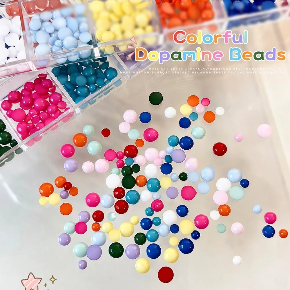 

12Grids Resin Dopamine Round Beads Nail Rhinestones 3-4.5mm Colorful Candy Bubble Beads Nail Charms Flatback Manicure Jewelry D7