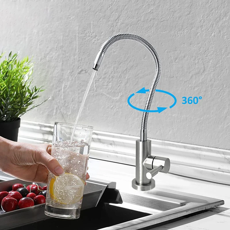 1/4-inch Drinking Water Faucet with Flexible Gooseneck Stainless Steel Kitchen Water Filter Tap 360Degree Rotatable Single Lever