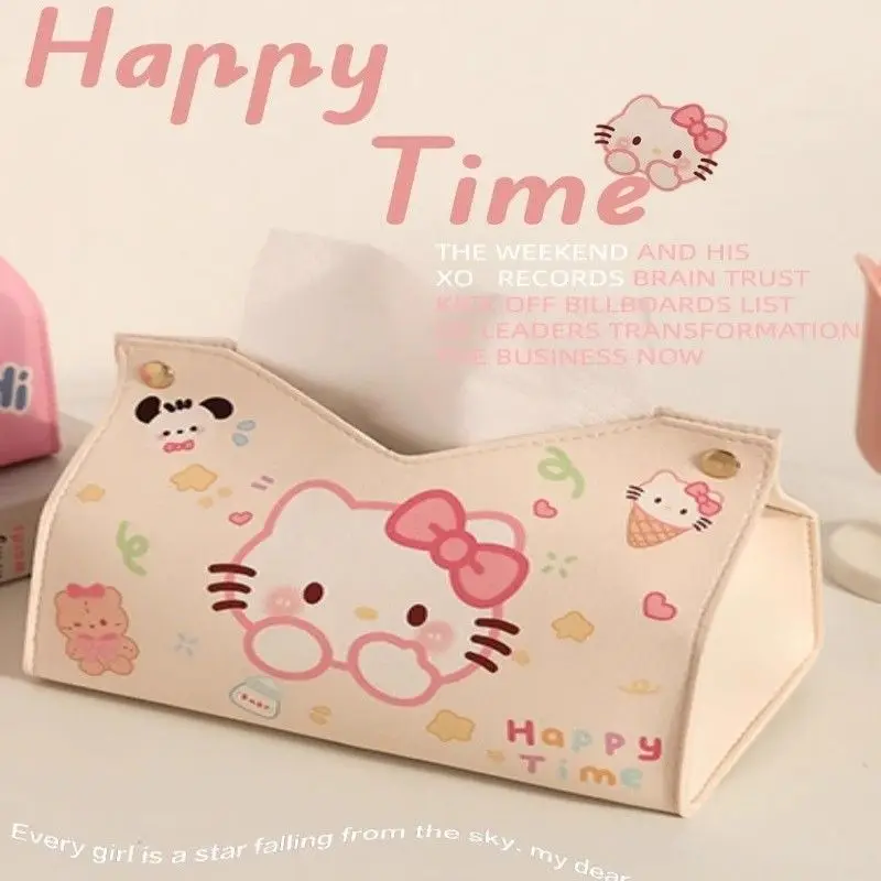 

Kawaii Hello Kitty Tissue Box New Leather Living Room Napkins Home Storage Car Drawer Box Creative Design Accessories Wholesale