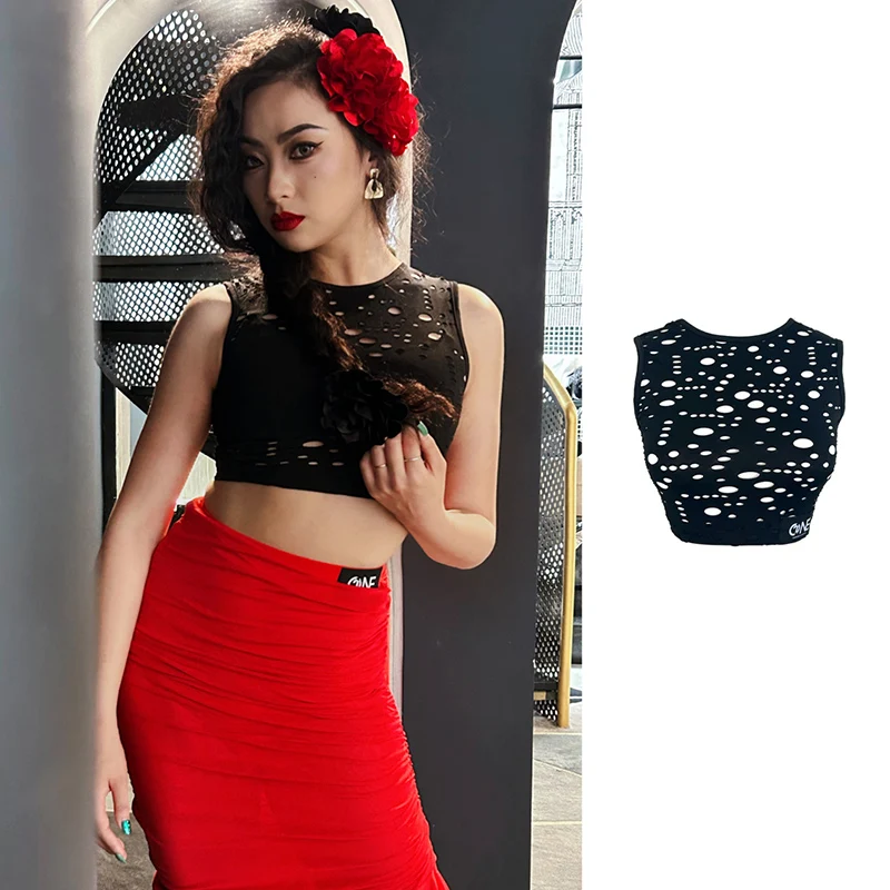 

Summer Latin Dance Tops Hollow Out Crop Tops Adult Women Samba Rumba Practice Clothes ChaCha Dancing Stage Costume YS4929