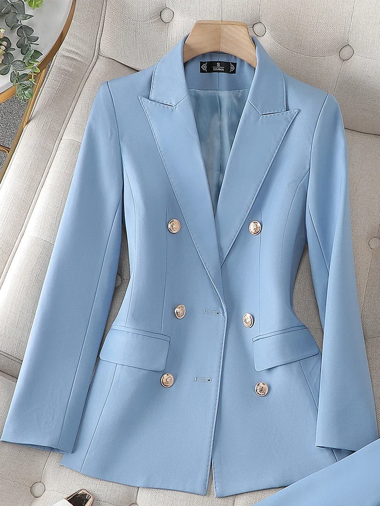 High Quality Female Blazer Women Blue Apricot Triple Breasted Slim Jacket Office Ladies Business Work Wear Formal Coat 2023