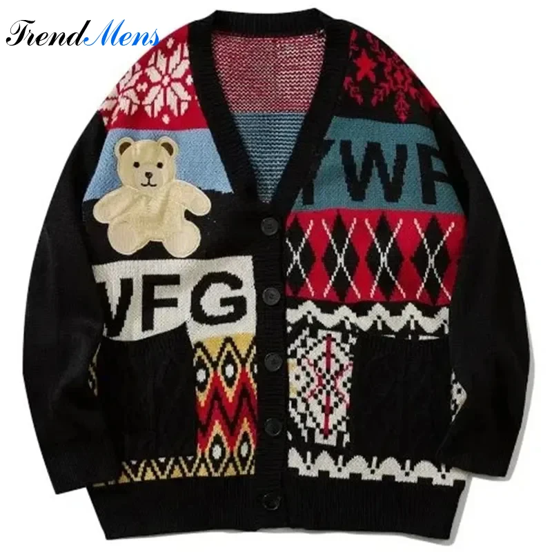 Bear Embroidery Cardigan Sweater For Men 2023 Winter Japanese Style Cartoon Hip Hop Loose Women Knitwear Coats Vintage Cardigans