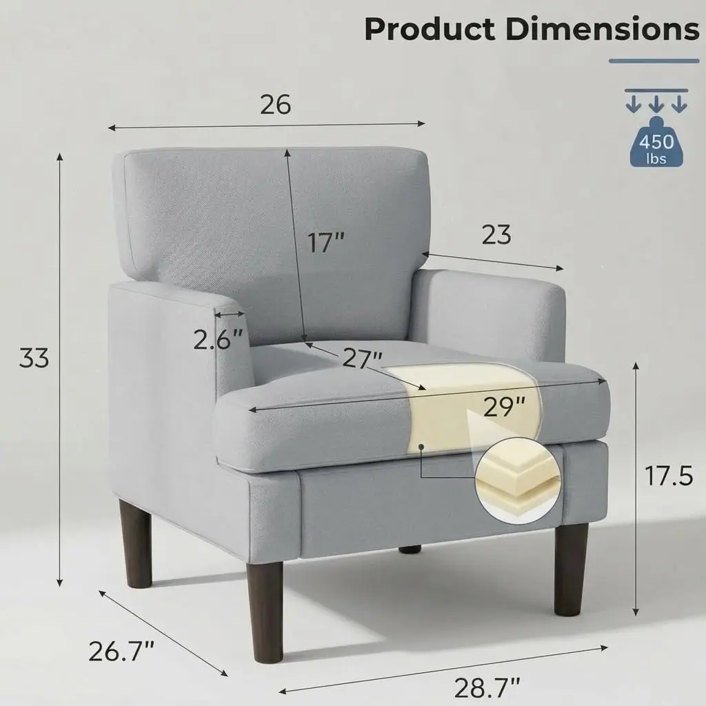 #Accent Chair Set Of  Mid-Century Comfy Upholstered Armchair No Screws Sturdy Legs Living Room Bedroom Apartment Grey Customized
