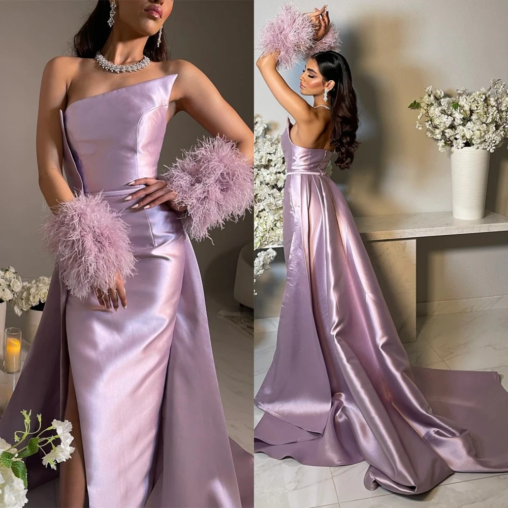 

Customized Satin Feather Ruched Homecoming A-line Strapless Bespoke Occasion Gown Long Dresses Saudi Arabia