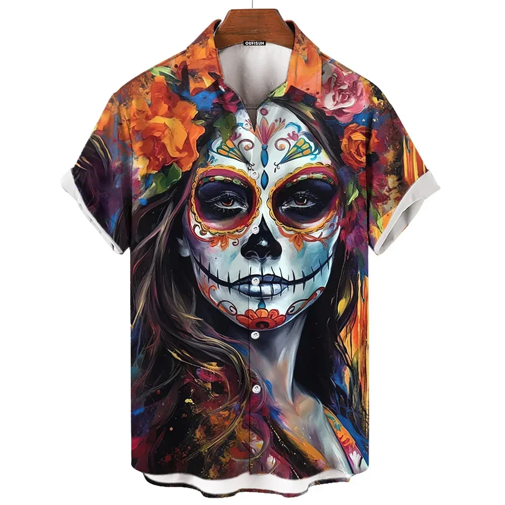 

Day Of The Dead Shirt Skull Men's Shirts Skull Face 3d Print Short Sleeve Retro Loose Oversized Man Clothing Festival Clothing