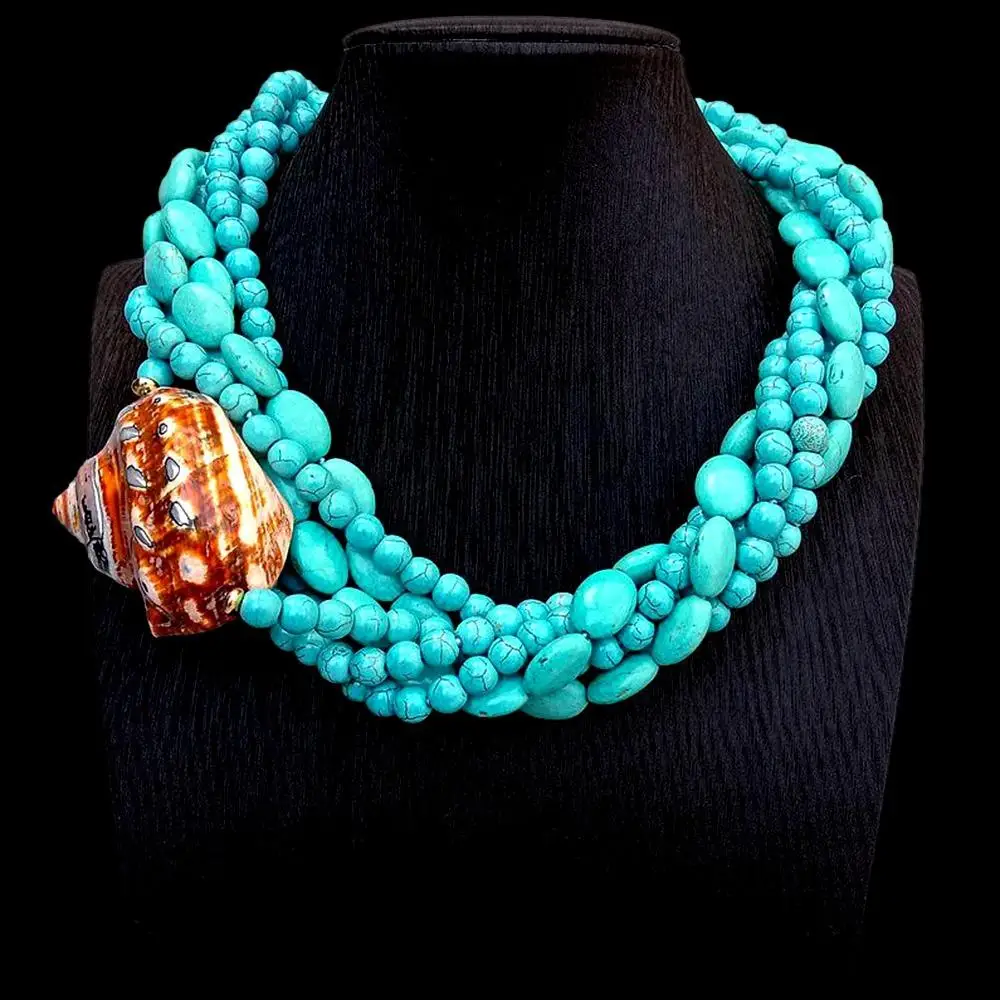 Y.YING 6 Strands Blue Turquoise Natural Sea Turbo Snail Necklace Fashion vacation Jewelry