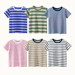 Children Striped T-Shirts 2023 Summer Short Sleeve Clothes for Boy 100% Cotton Kids Girls Casual Sport Top Tees