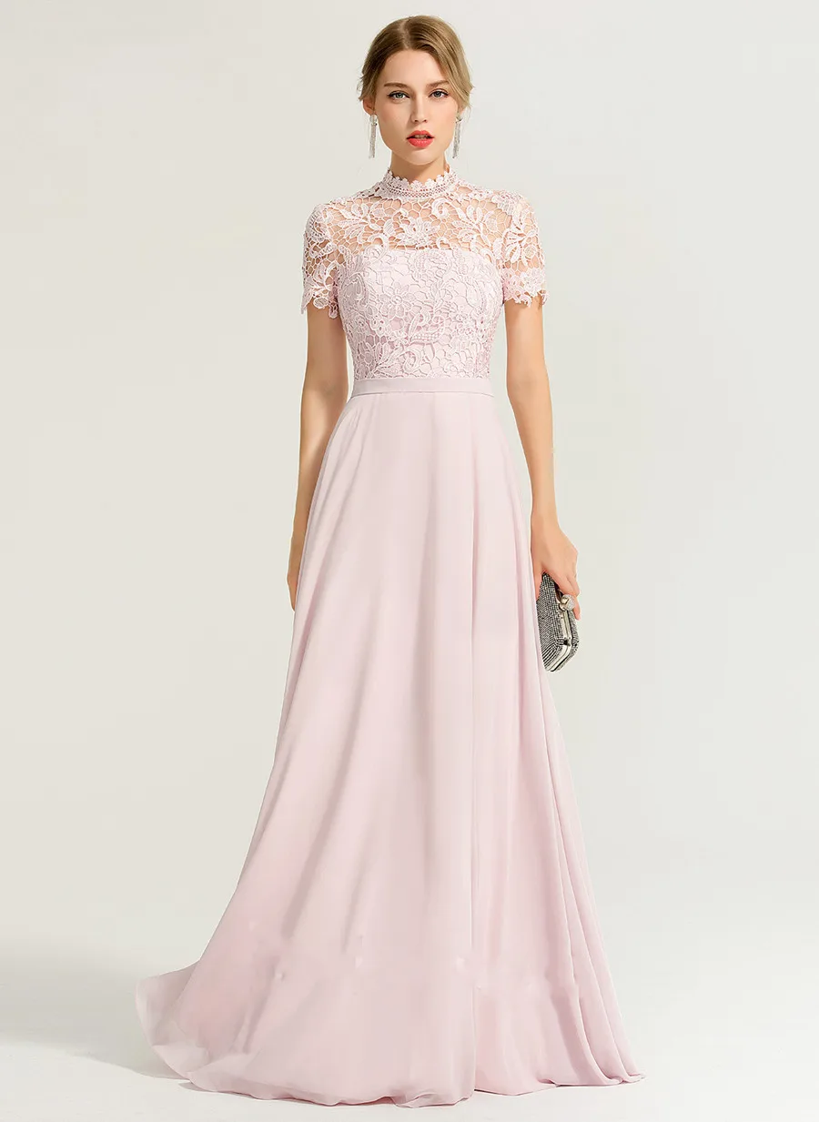 Roze Hoge Neck Lace Jurken Voor Bruiloft Moeder Van De Bruid 2022 Vrouwen Gast Avond Prom Party Gown فساتين مناسبة رسمية Gewaad