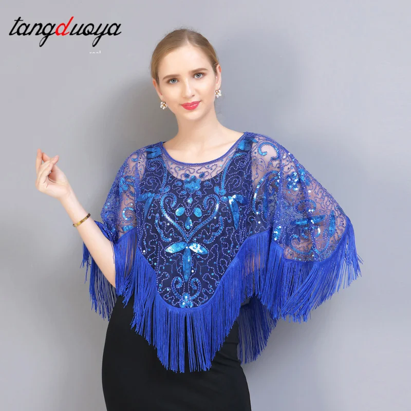 Sequins Tassels Poncho Women Coat Party Outfits Cape Mesh Jacket Ladies Cloak Shawls Bling Tassels Outerwear Wraps Woman Clothes