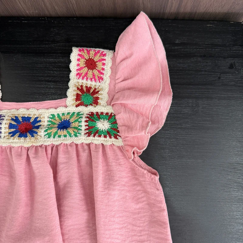 Girls' Dress New Fashionable Stylish Lace Ethnic Style Small Flutter Sleeve Dress for Girls Children's Clothing Embroidered Patc