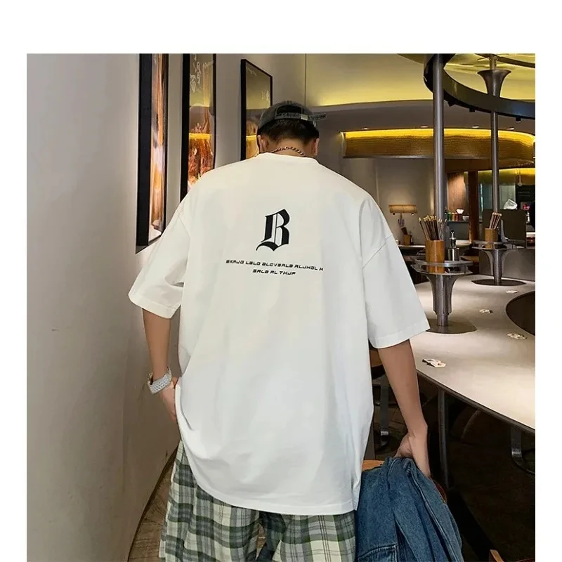 Men's Summer Heavy American Sle Short Sleeve T-shirt Loose Cotton Ins Fashion Brand Men's Half Sleeve T-shirt Simple White Top