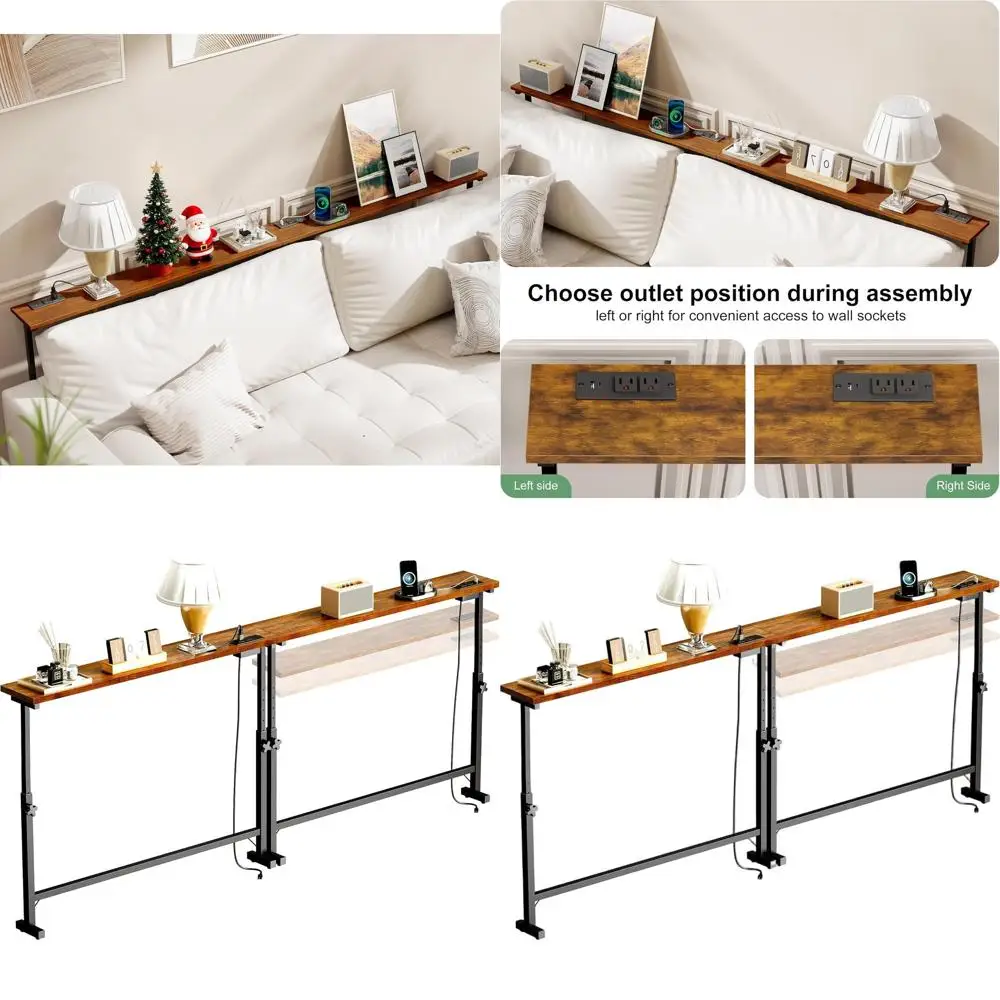 

Adjustable Height 79 Narrow Sofa Console Table with 2 Power Outlets for Living Room, Hallway, and Bedroom in Rustic Brown