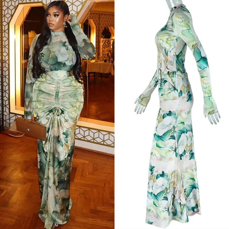 

Women's Fashion 2 Piece Outfit Set Long Sleeve Top And Drawstring Ruched Maxi Skirt Elegant Party Clubwear 2025 Matching Set New