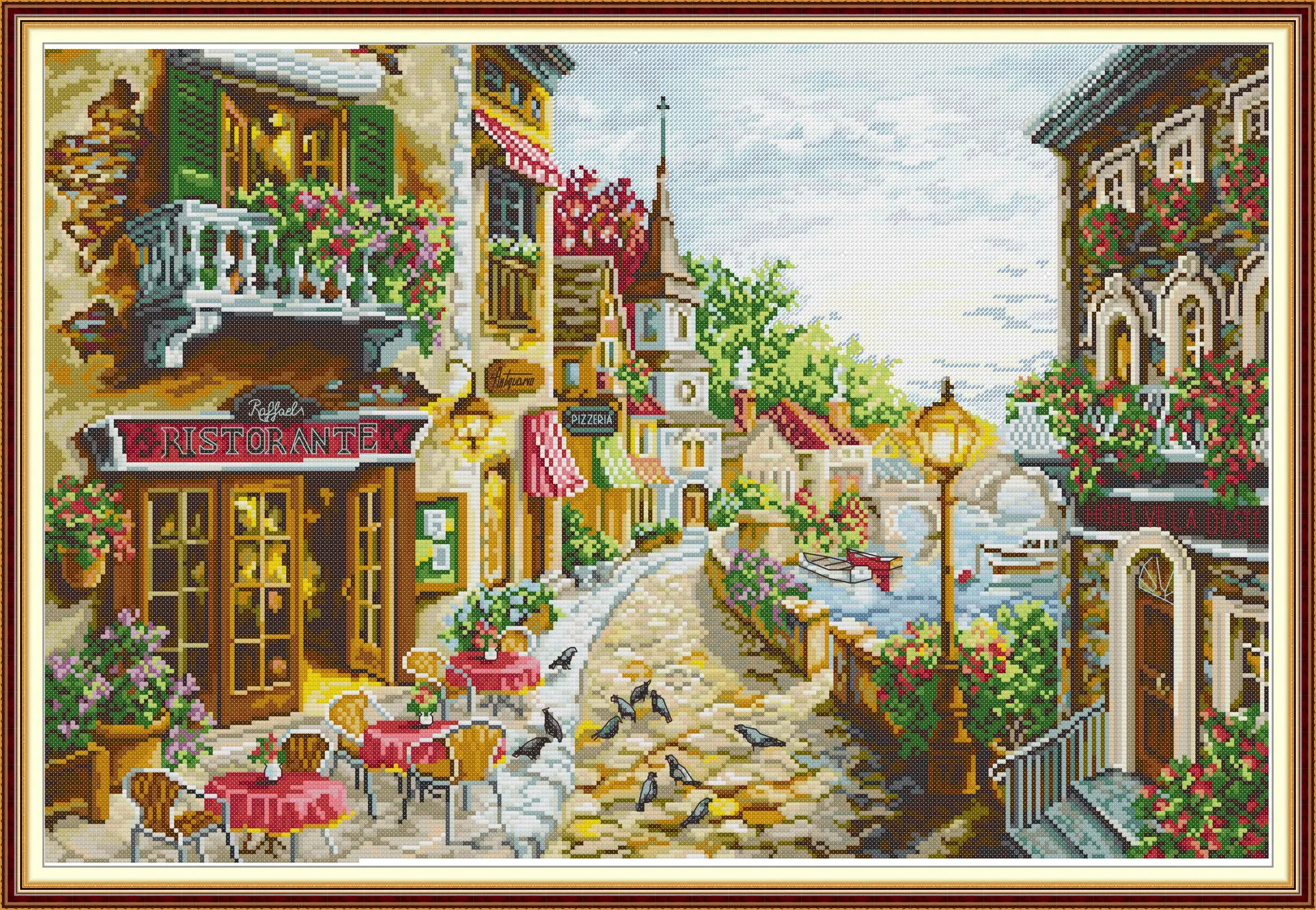 

Maydear Cross Stitch Kit,11CT/14CT/16CT/9CT Aida Fabric,DMC Threads Sewing Pattern Embroidery Set-Street Side Restaurant