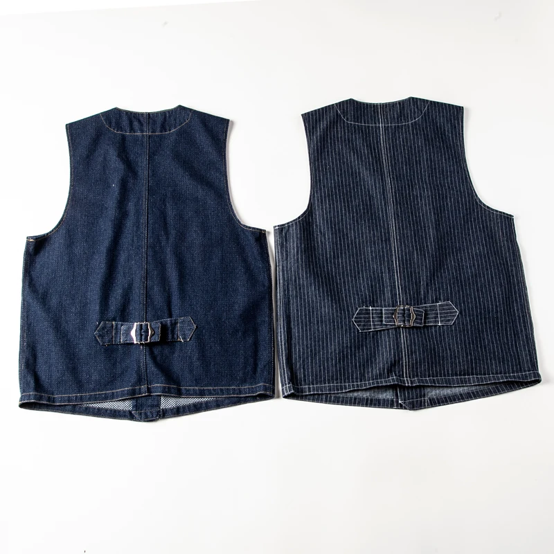 Buckle Back Retro Denim Vest Men's Multi Pockets Workwear Sleeveless Jacket Y2k Youth Male Striped Blue Camisole Top Vintage