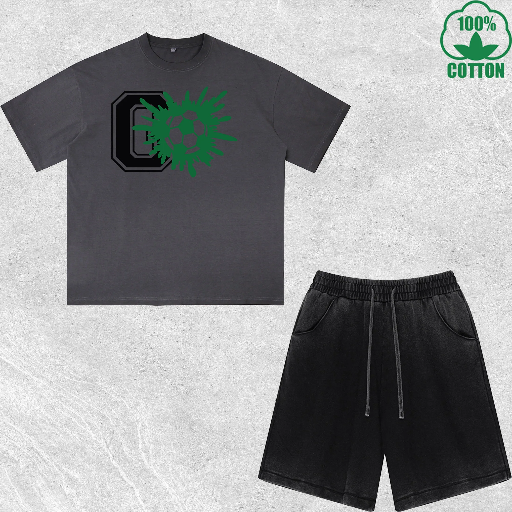 

GO Soccer Printed Dirty Wash T-Shirt Shorts Set Combo Loose Trendy Fashionable 100%Cotton Short Value Pack