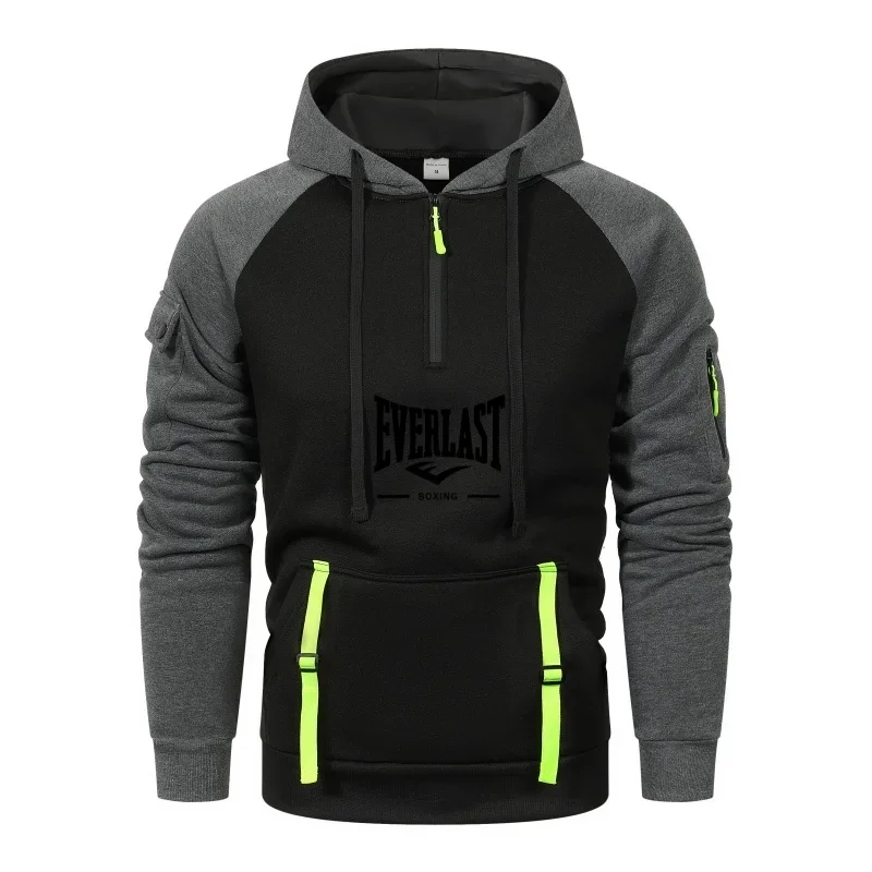 Nueva sudadera con capucha informal de otoño e invierno para hombre, ropa deportiva cálida y resistente al viento de tela de retales para correr a la moda para exteriores