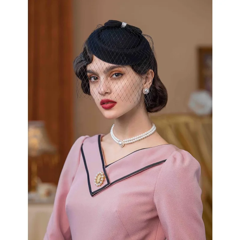 Felt Fascinator Hat Fishnet Veil Small Plush Wave Point Decor Hair Clips Wedding Bridal Cocktail Headwear Womens Fasciantor